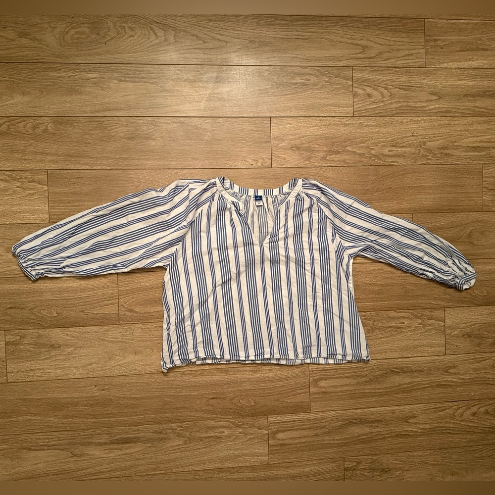 Old Navy Long-Sleeve Split-Neck Blue and White Striped Top